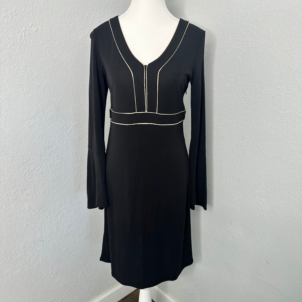 Ann Taylor loft‎ black long bell sleeve knee length dress with tan accent size 6